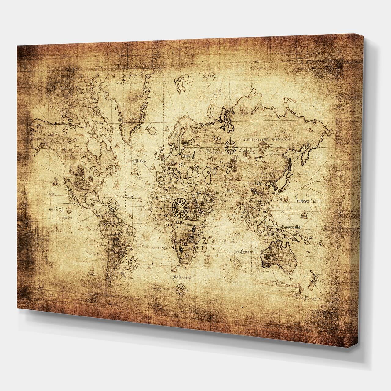 Designart - Ancient Map of The World IV - Vintage Canvas Wall Art Print